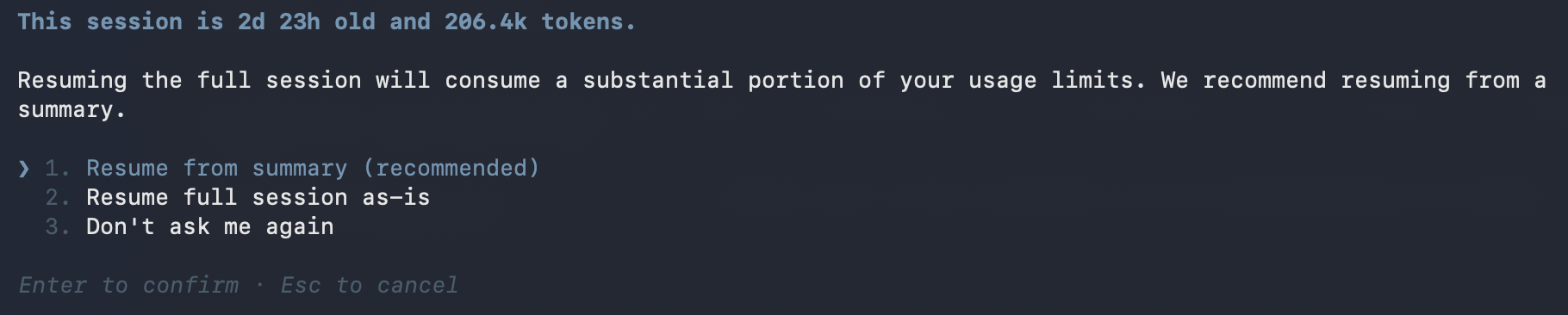 Claude Code offering to resume from a summary