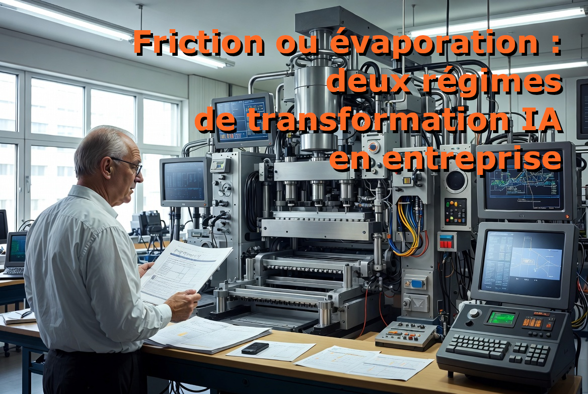 Friction ou évaporation : deux régimes de transformation IA en entreprise Un dirigeant lit attentivement un rapport technique devant une chaîne d'instrumentation industrielle